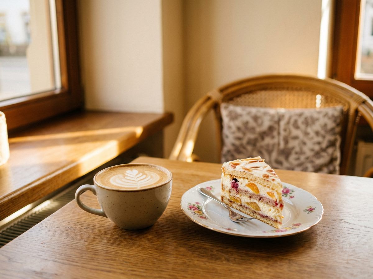 Gemütliche Café-Szene mit Cappuccino und Tortenstück – Symbolbild