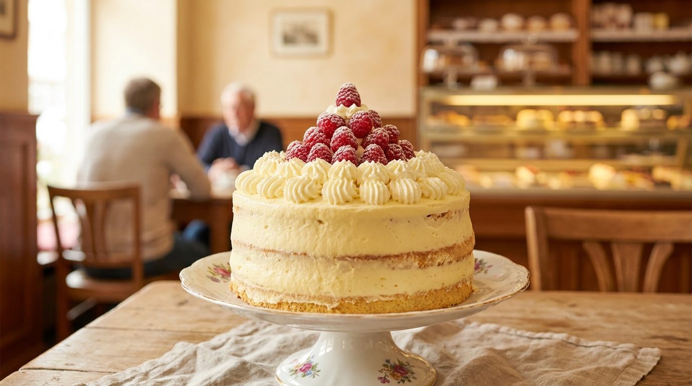 Handgemachte Sahnetorte mit frischen Himbeeren auf einer Tortenplatte, im Hintergrund das gemütliche Café Probst
