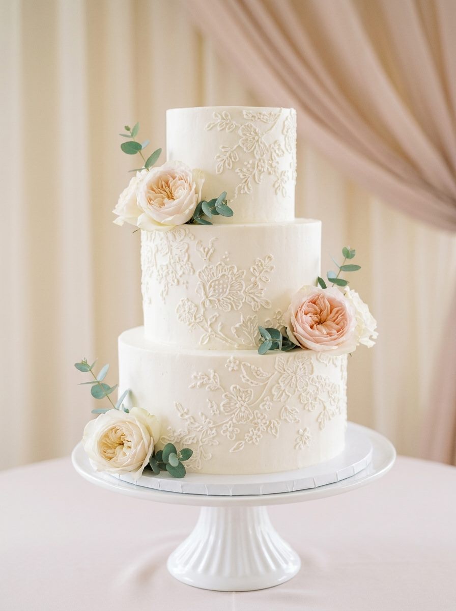 Mehrstöckige Hochzeitstorte mit feinem Spritzdekor – Symbolbild